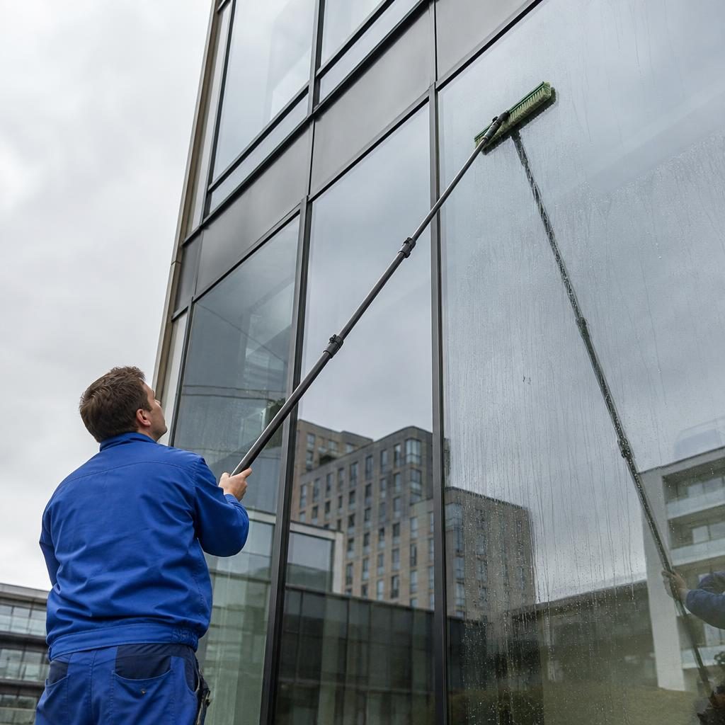 Reinigungskraft reinigt die Glasfassade eines Gebäudes